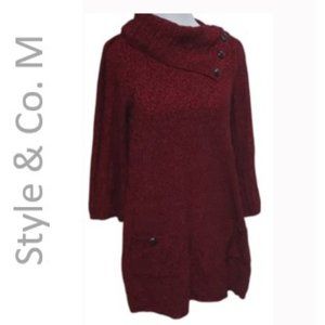 Style & Co Sweater Dress Pockets Marled Red Black Cowl Neck Cotton